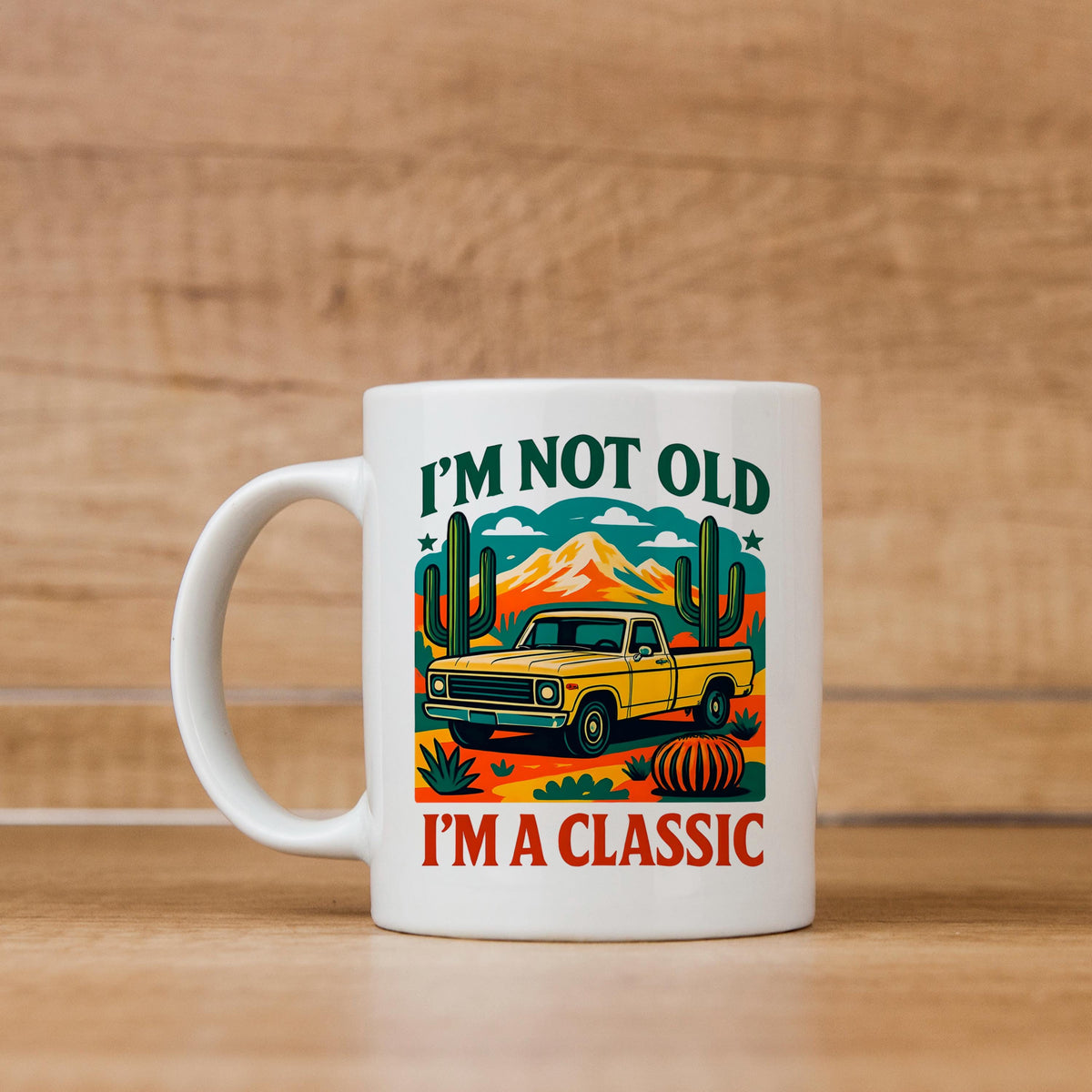 Vintage Car Coffee Mug – Ceramic Retro Cup with Desert Cacti Design, Gift for Dad