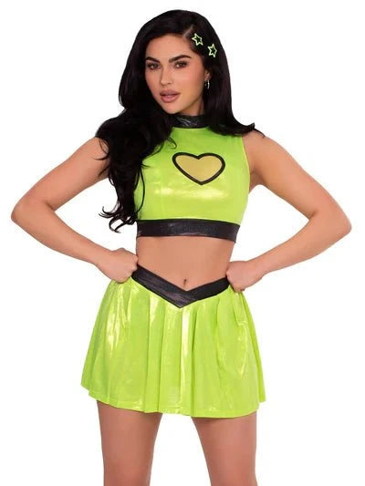 3 PC Super Baddie Costume, Includes Shimmer Crop Top with Mesh Heart Panel, V-Front Skirt, and (2) Star Hair Clips