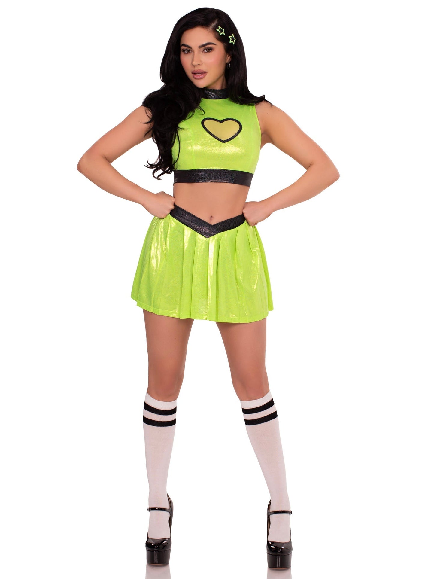 3 PC Super Baddie Costume, Includes Shimmer Crop Top with Mesh Heart Panel, V-Front Skirt, and (2) Star Hair Clips