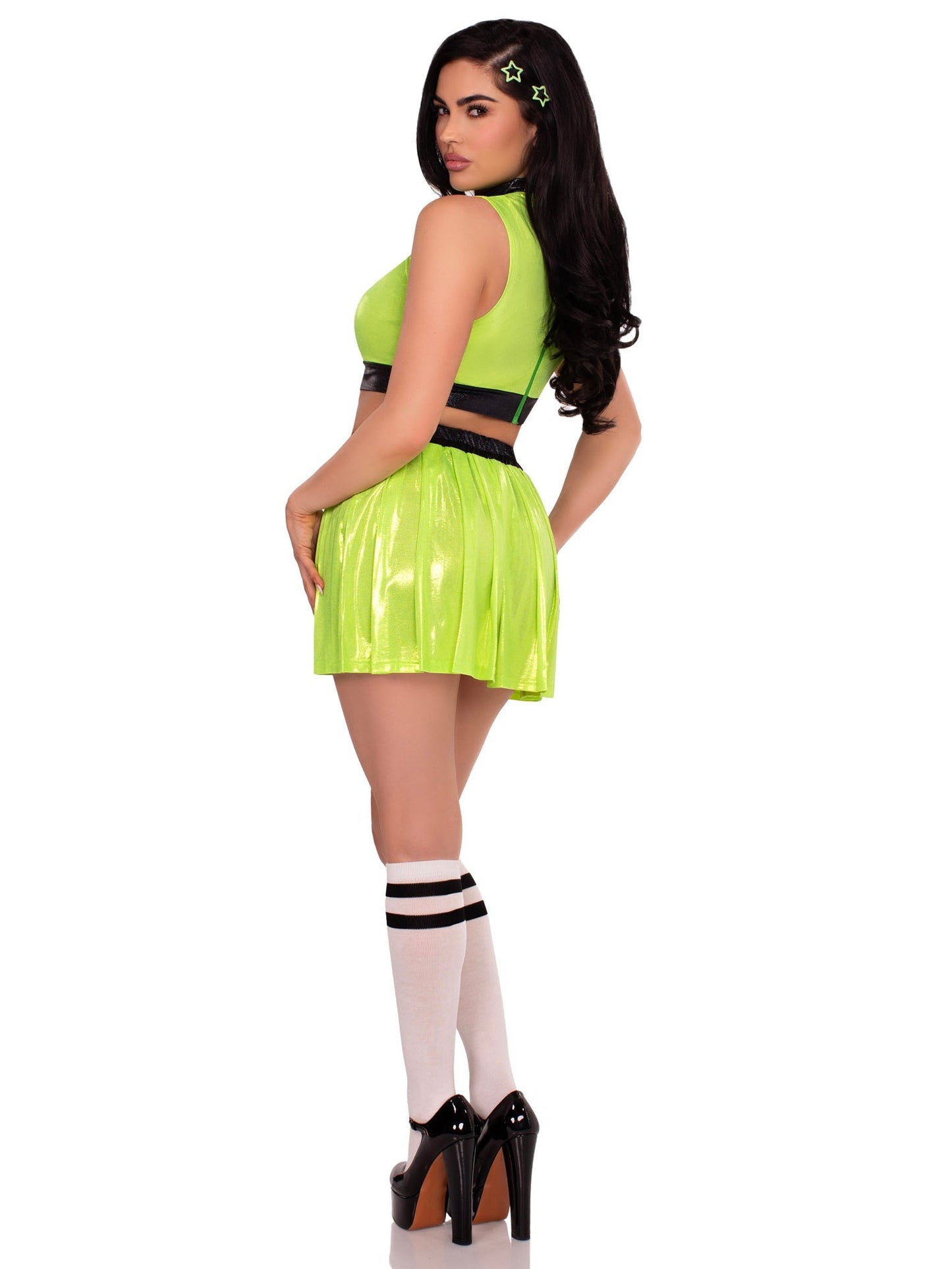 3 PC Super Baddie Costume, Includes Shimmer Crop Top with Mesh Heart Panel, V-Front Skirt, and (2) Star Hair Clips