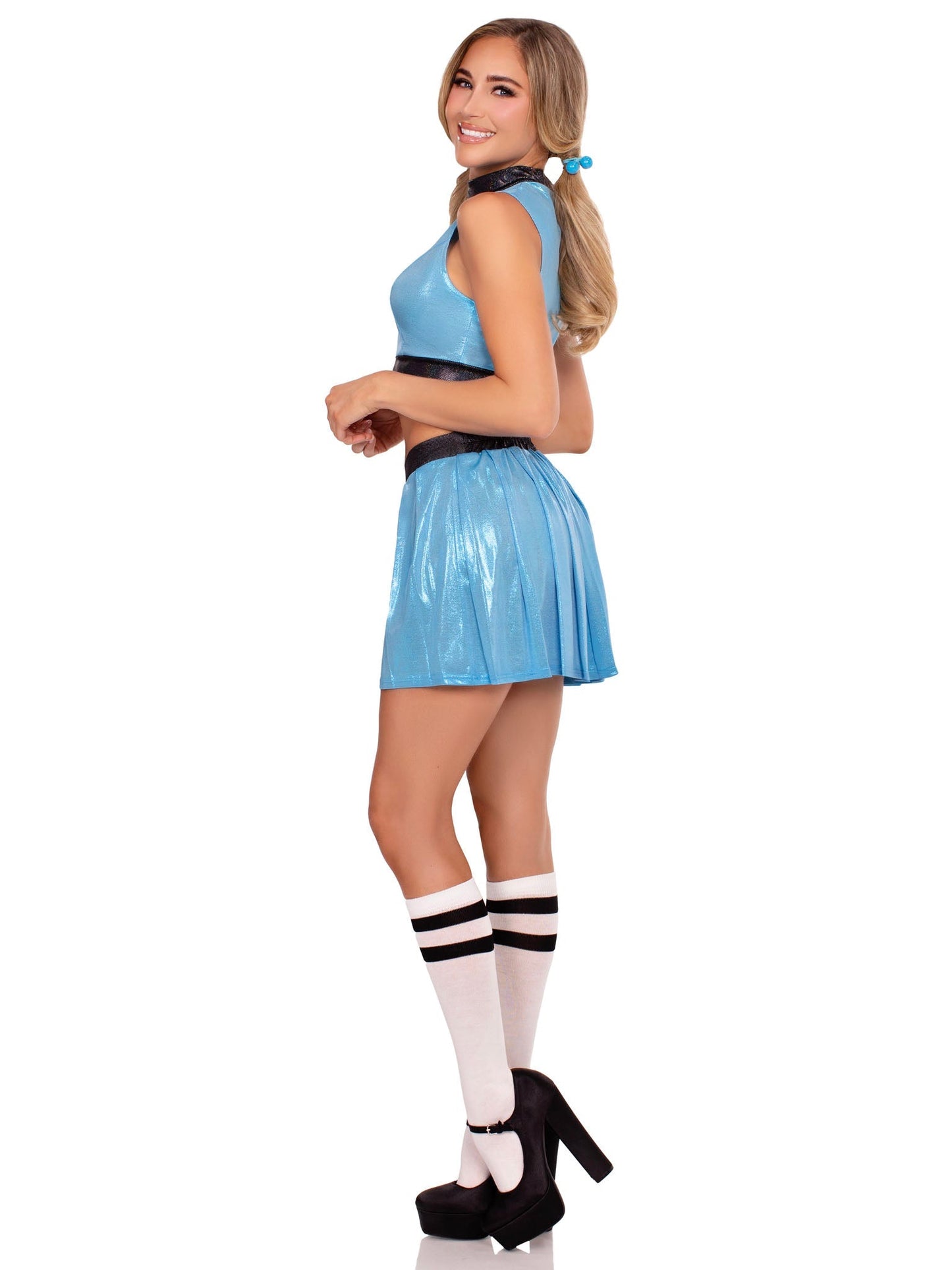 3 PC Super Sweetie Costume, Includes Shimmer Crop Top with Mesh Heart Panel, V-Front Skirt, and (2) Hair Ties