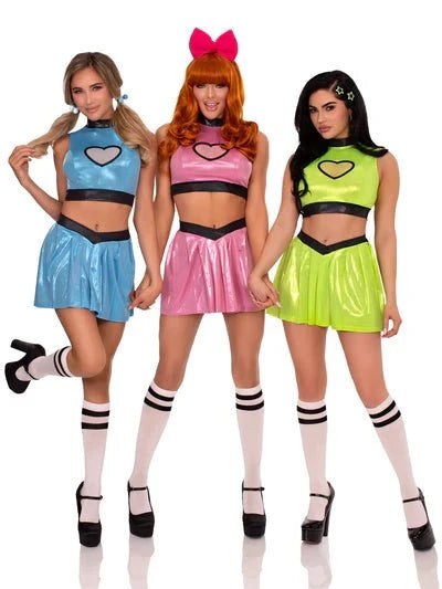 3 PC Super Baddie Costume, Includes Shimmer Crop Top with Mesh Heart Panel, V-Front Skirt, and (2) Star Hair Clips