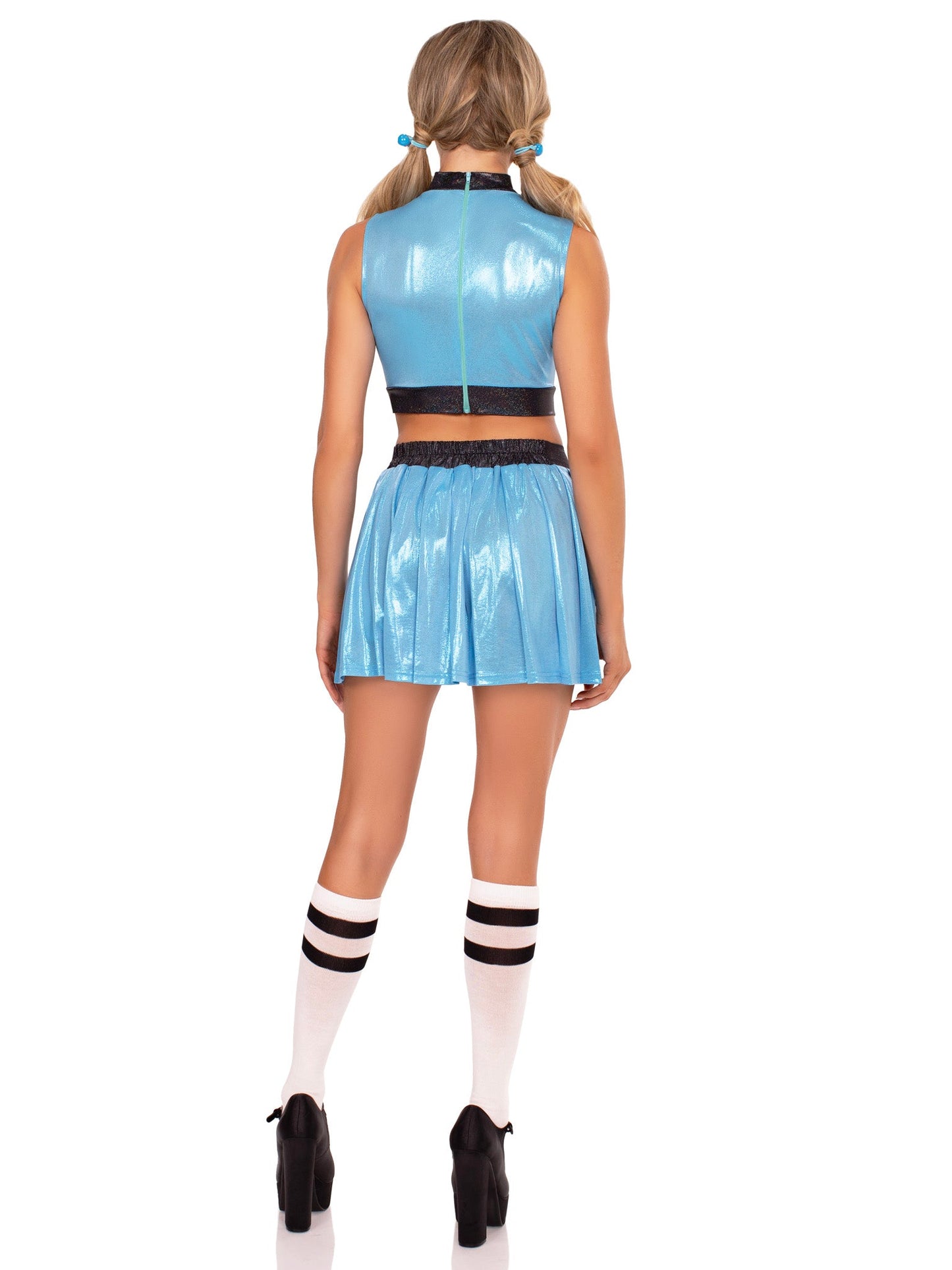 3 PC Super Sweetie Costume, Includes Shimmer Crop Top with Mesh Heart Panel, V-Front Skirt, and (2) Hair Ties