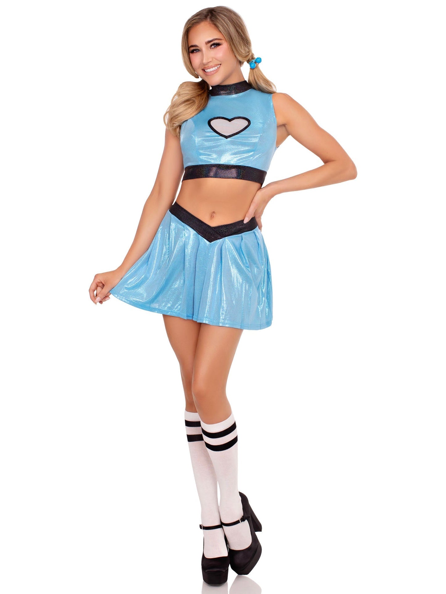 3 PC Super Sweetie Costume, Includes Shimmer Crop Top with Mesh Heart Panel, V-Front Skirt, and (2) Hair Ties