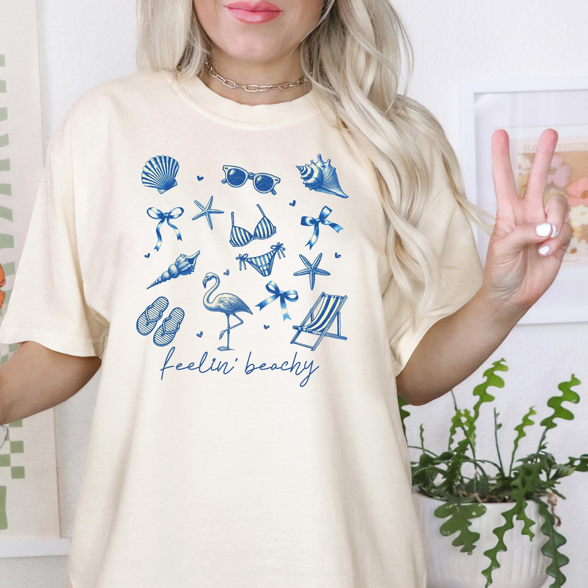 Beach Graphic Tee – Blue Beach Icons, Relaxed Unisex Fit Summer Shirt