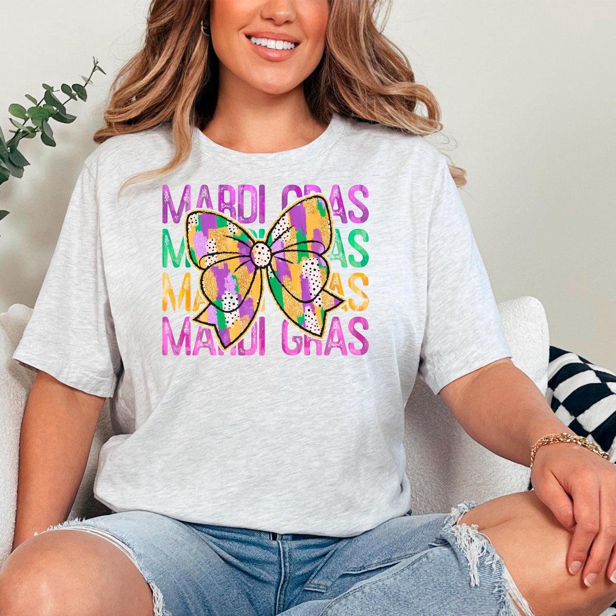 Mardi Gras Shirt - Purple Green Gold Coquette Bow Tee | New Orleans Carnival Outfit
