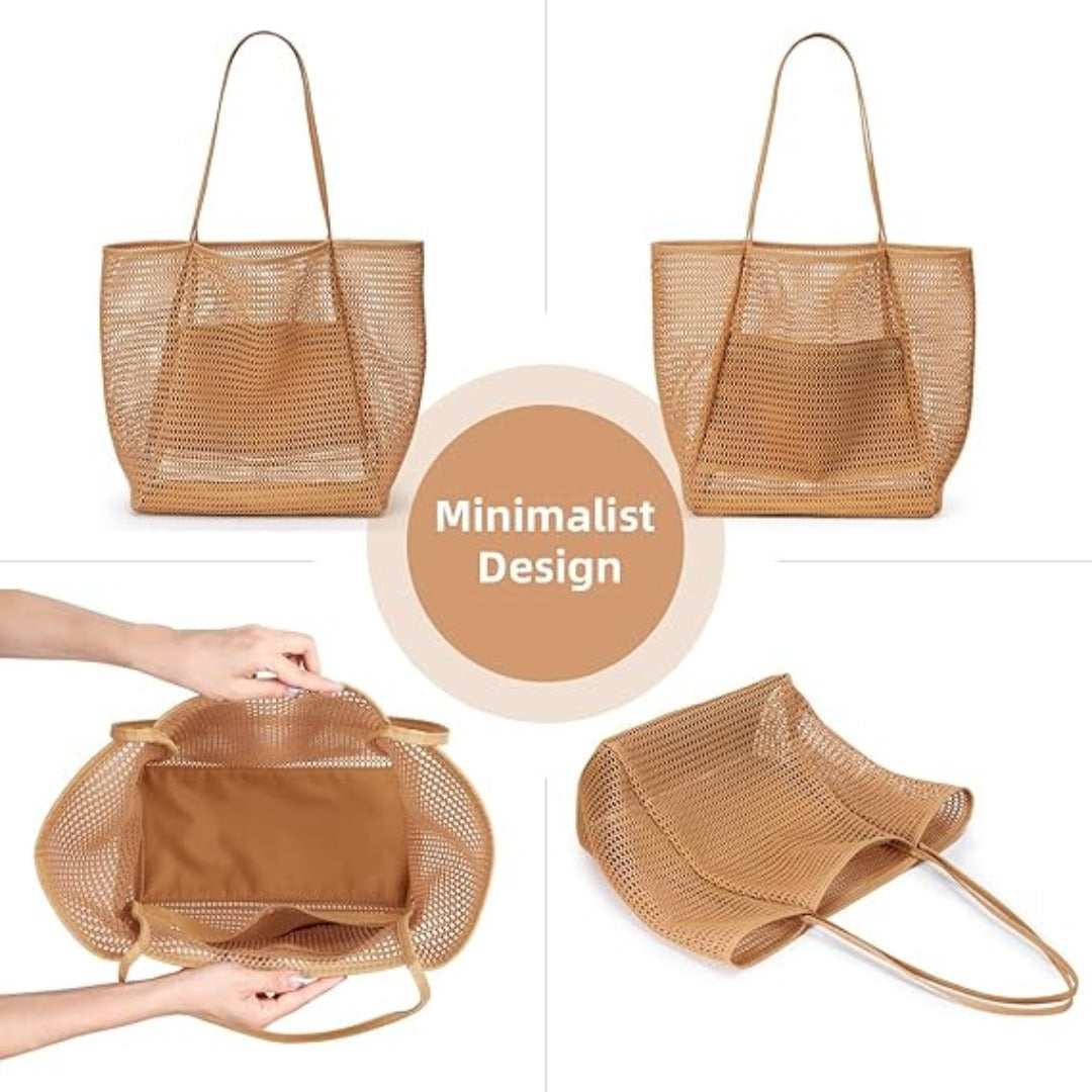 Large Capacity Ladies Beach Bag - Hollow Mesh Tote for Outdoor Travel & Storage