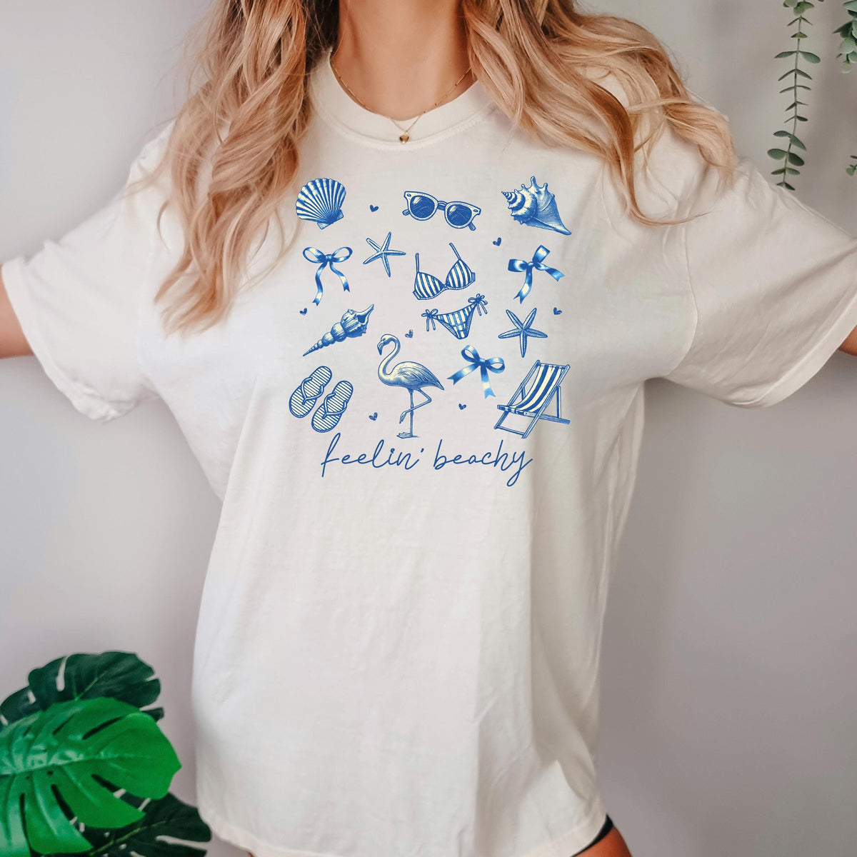 Beach Graphic Tee – Blue Beach Icons, Relaxed Unisex Fit Summer Shirt