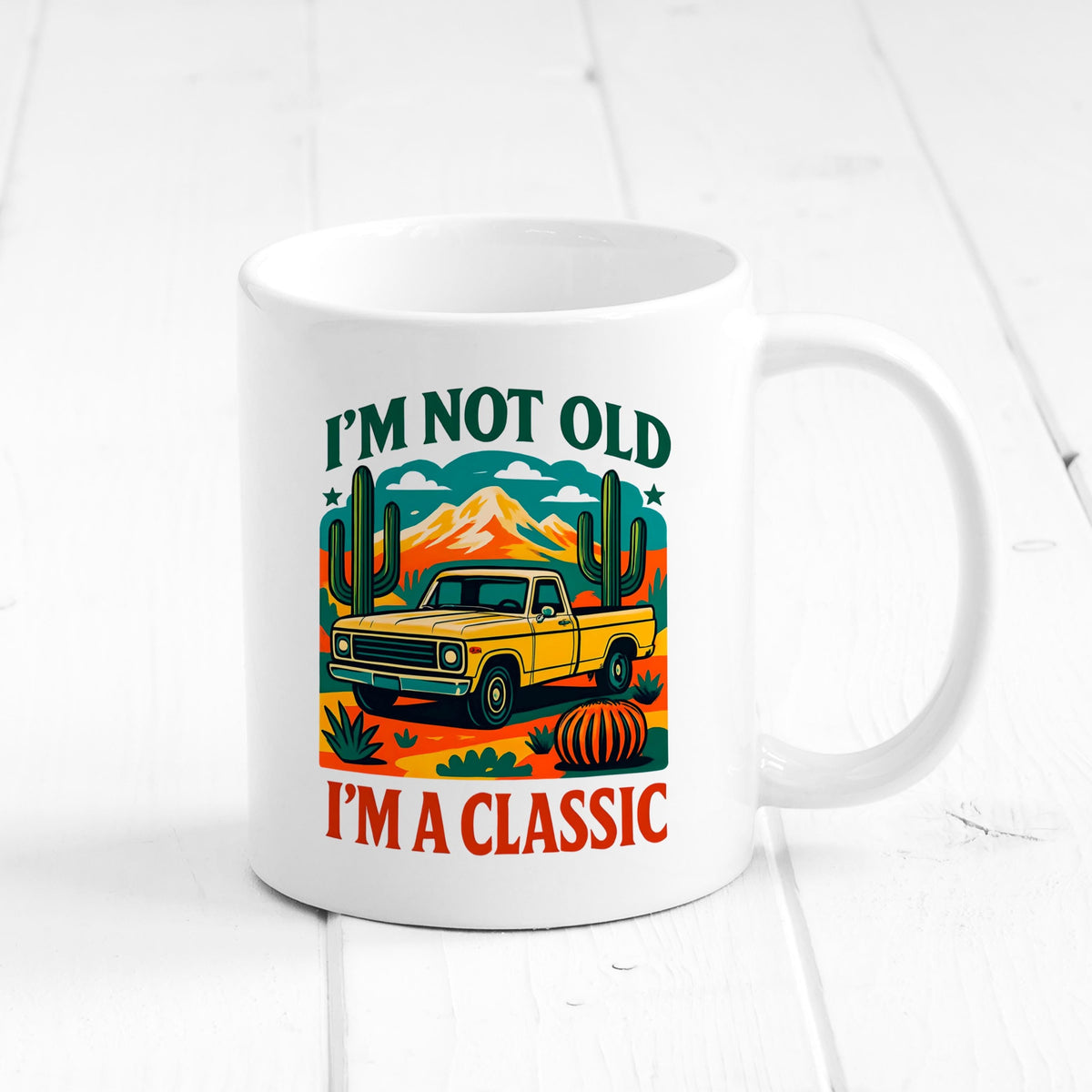 Vintage Car Coffee Mug – Ceramic Retro Cup with Desert Cacti Design, Gift for Dad