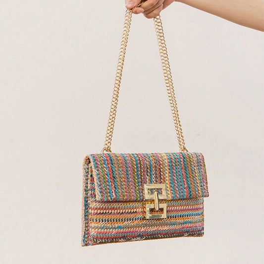 Bag ladies holiday shoulder bag, chain flip lock square purse, straw bag hobo shoulder bag women