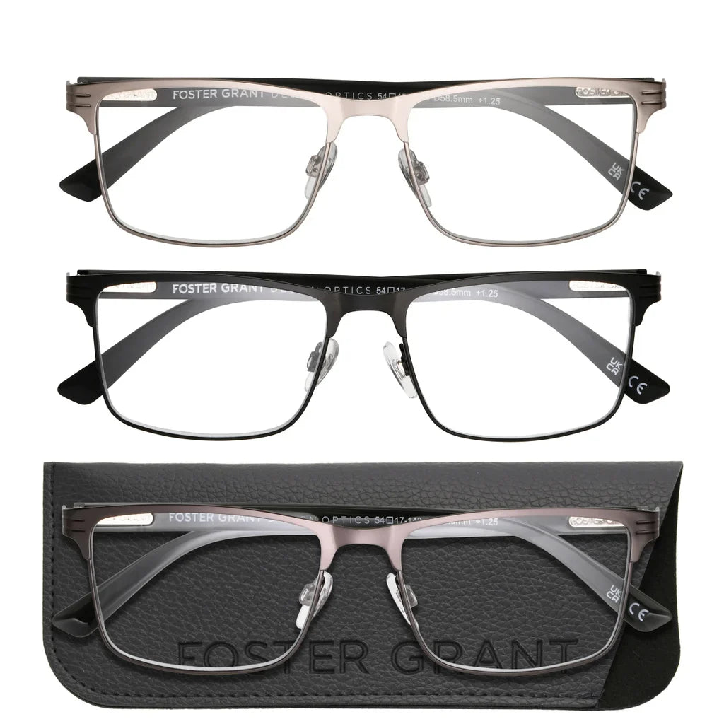 Design Optics by Foster Grant Metal Square Reading Glasses, 3-pack