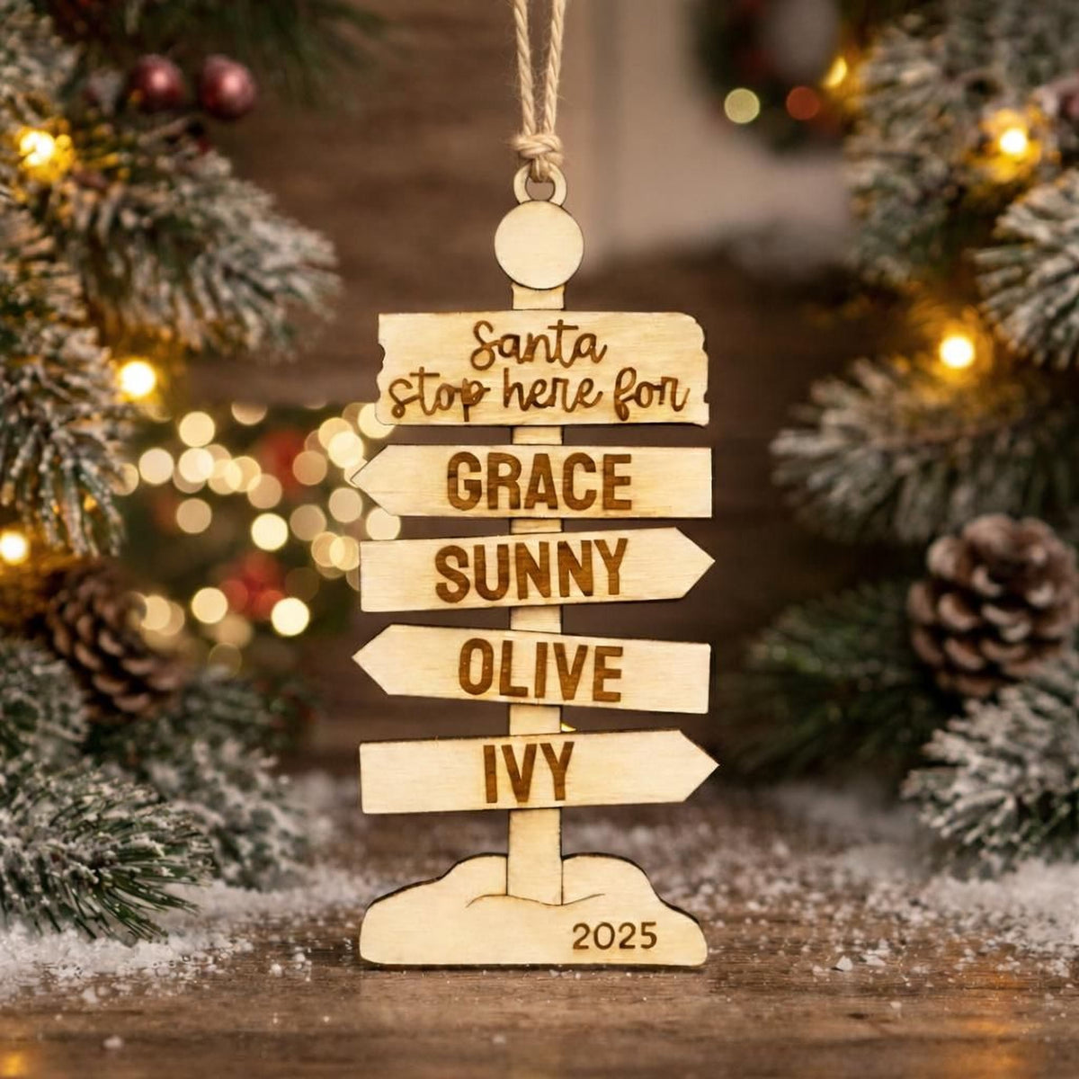 Personalized Family Ornament – Rustic Wooden Christmas Signpost Decor with Custom Engraving