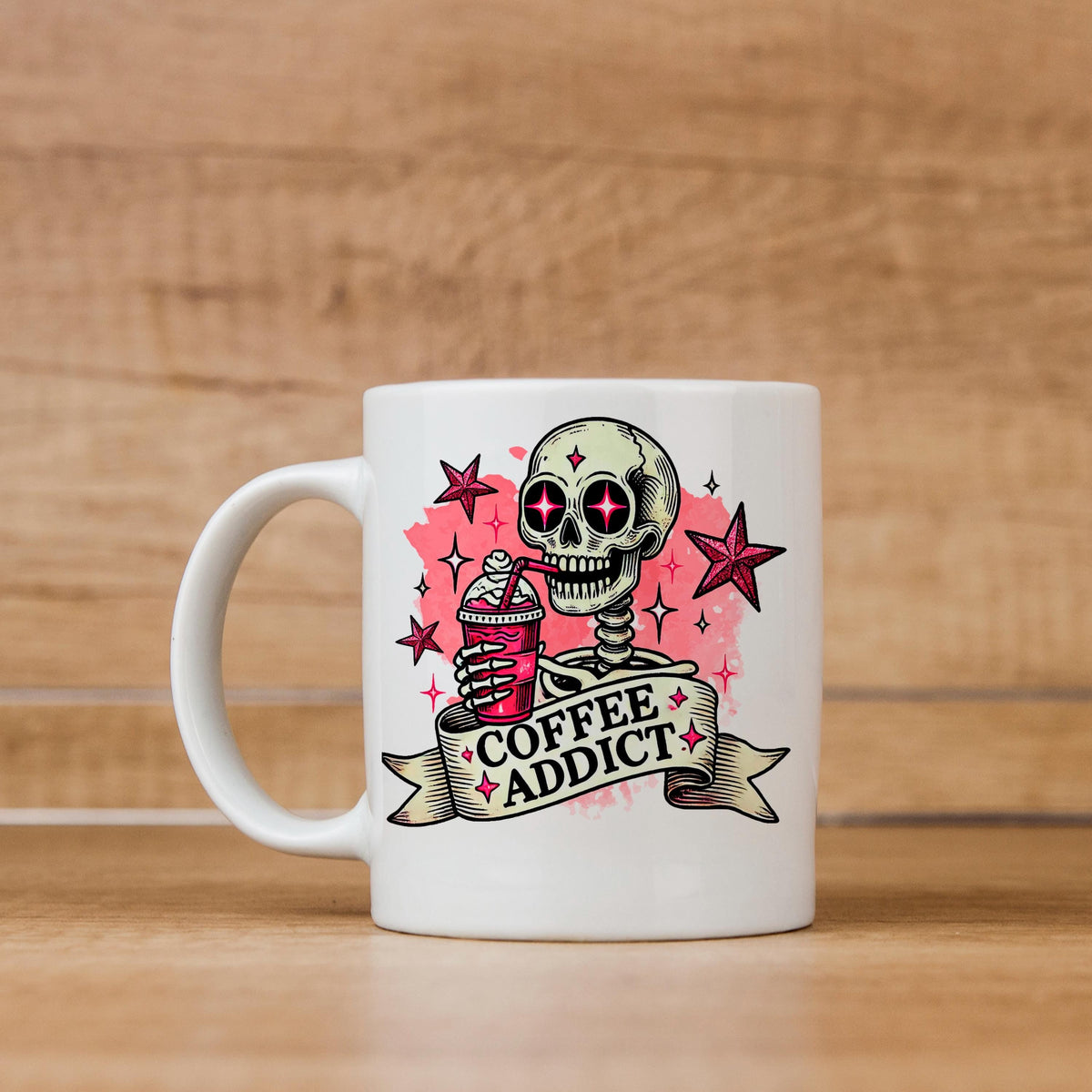 Coffee Addict Mug – Pink Skull Coffee Cup | Funny Caffeine Lover Gift, Ceramic, Dishwasher Safe