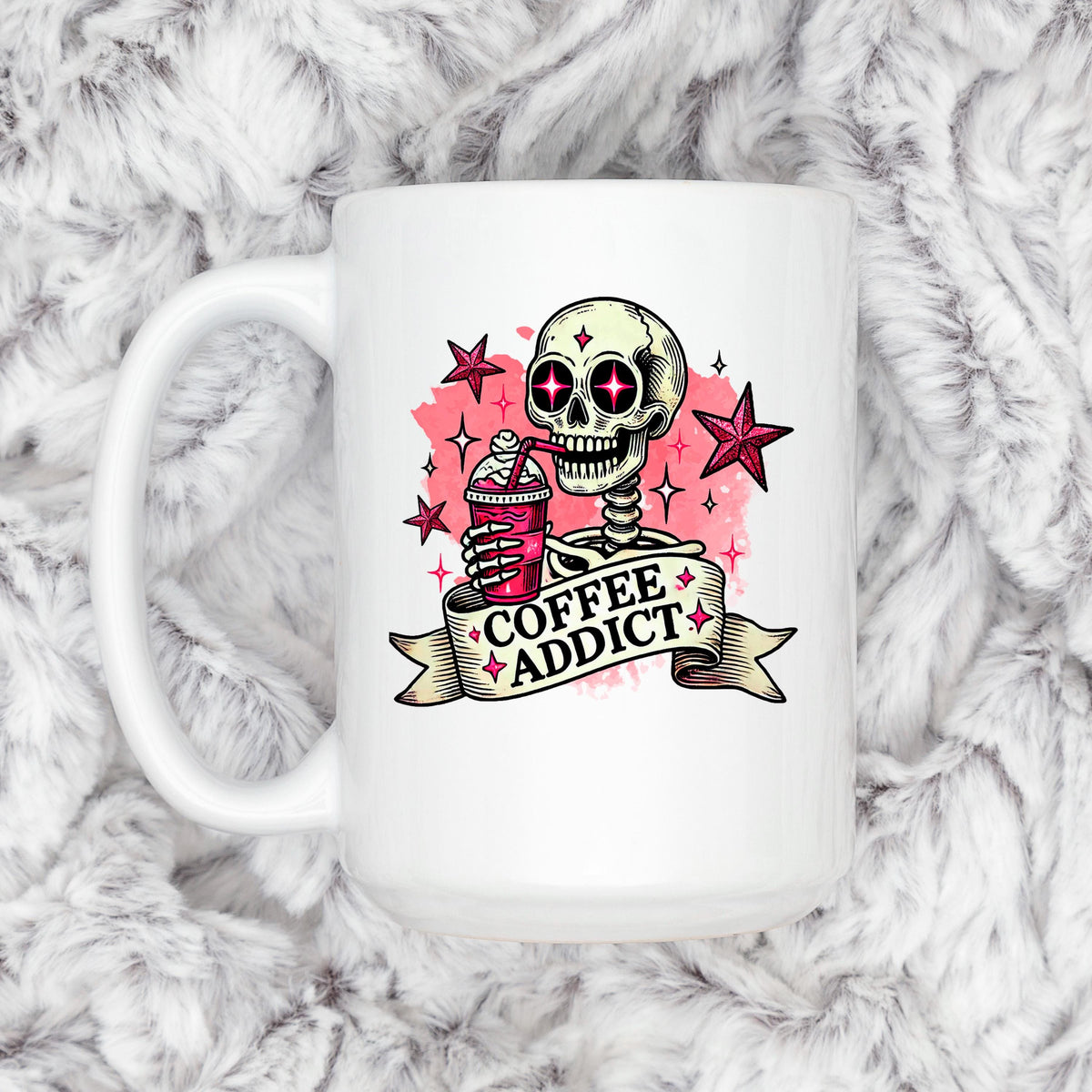 Coffee Addict Mug – Pink Skull Coffee Cup | Funny Caffeine Lover Gift, Ceramic, Dishwasher Safe