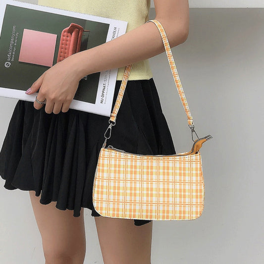 Summer simple orange plaid bag crescent small baguette bag hobo shoulder purse
