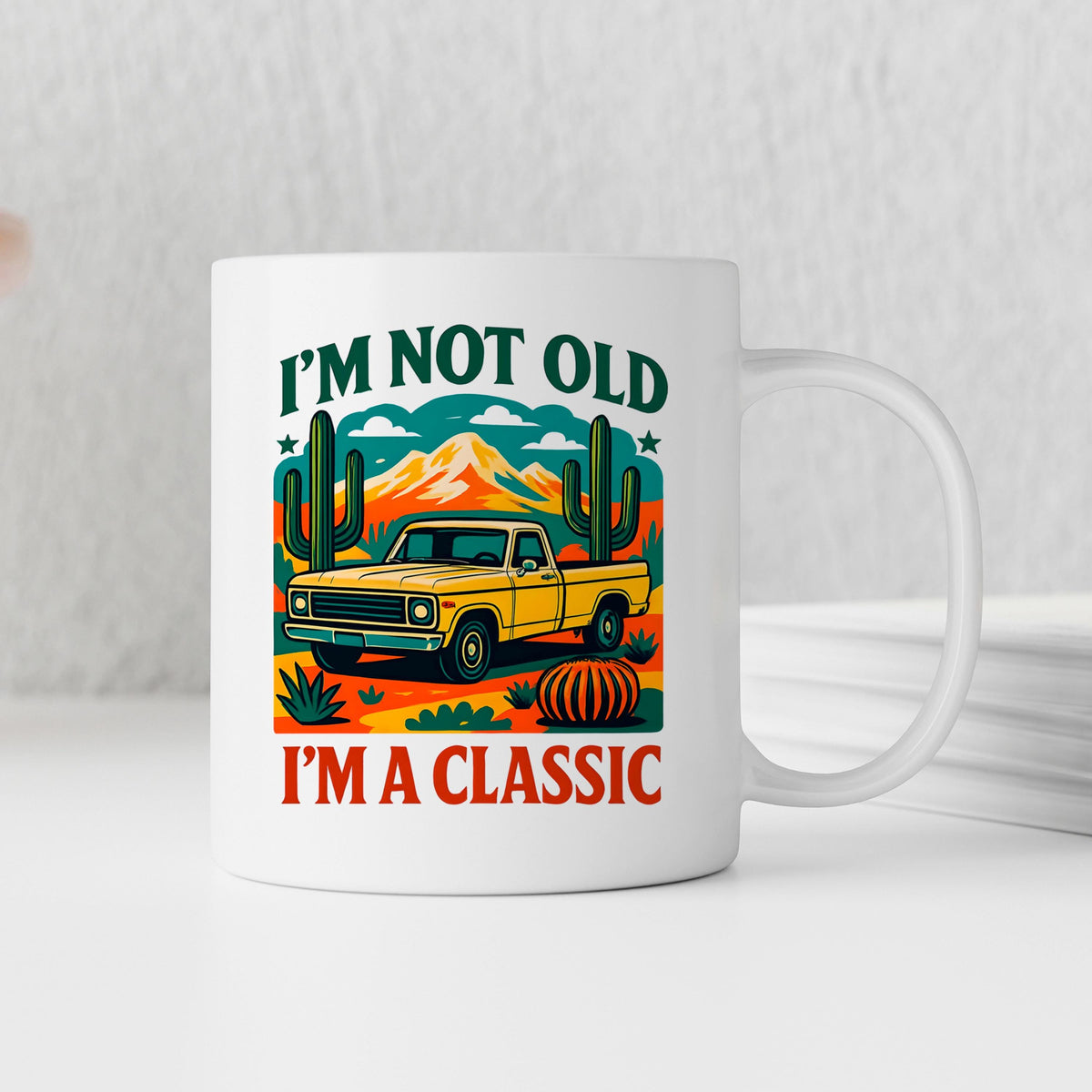 Vintage Car Coffee Mug – Ceramic Retro Cup with Desert Cacti Design, Gift for Dad