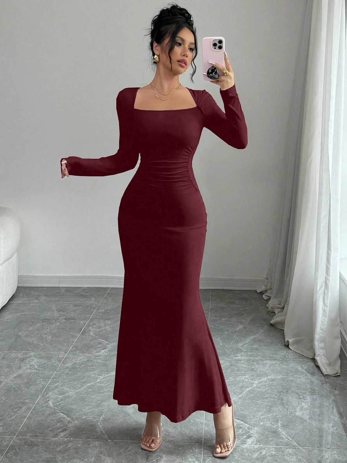 European And American Ladies Fashion Elegant Tight Elastic Sexy Long-Sleeved Fishtail Dress Long Dress
