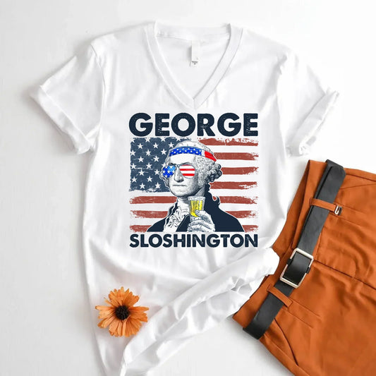 George Sloshington 4th of July Unisex V-Neck Shirt – Washington Drinking Party Tee