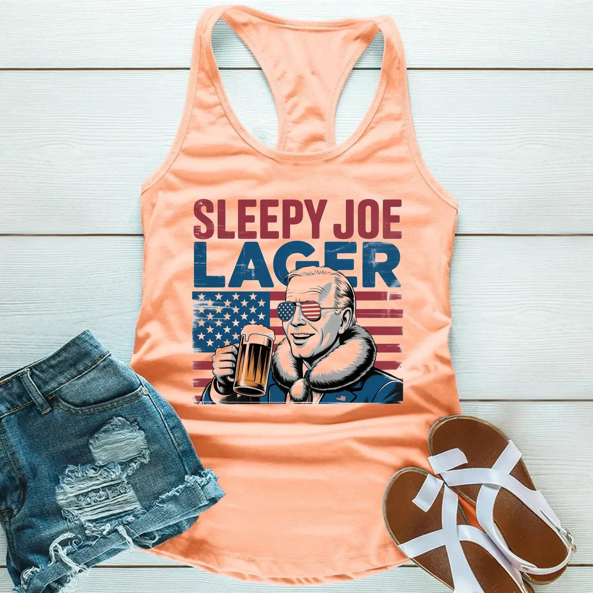 Sleepy Joe Lager Unisex Tank Top – Funny Biden-Inspired Beer Shirt for Independence Day