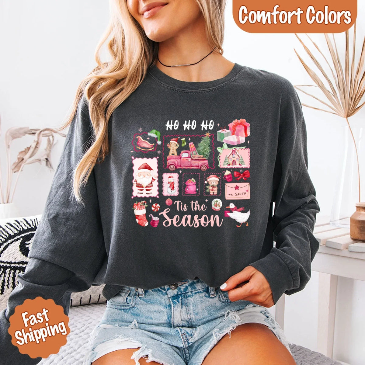 Comfort Colors Long Sleeve Ho Ho Ho Tis The Season Christmas Shirt