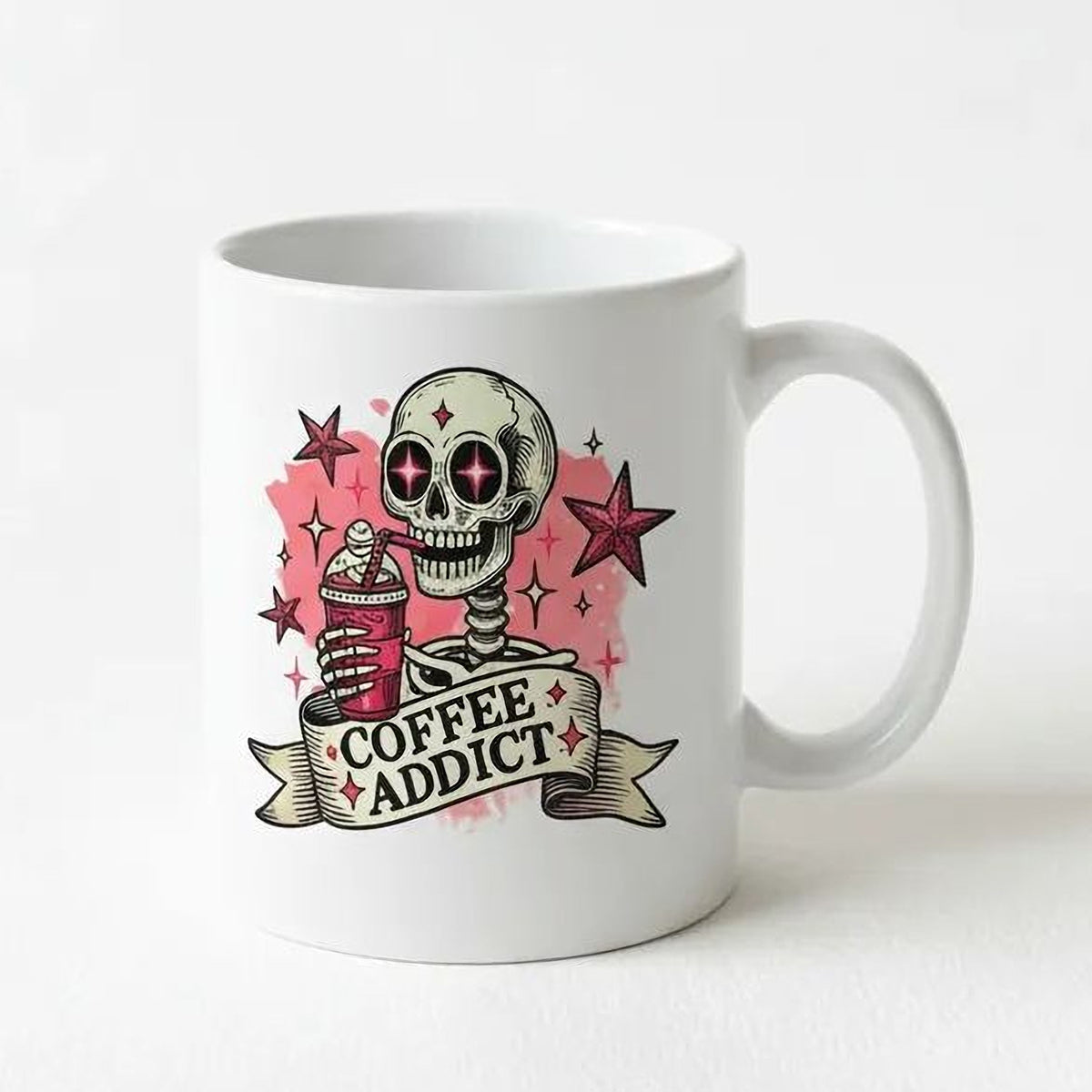 Coffee Addict Mug – Pink Skull Coffee Cup | Funny Caffeine Lover Gift, Ceramic, Dishwasher Safe