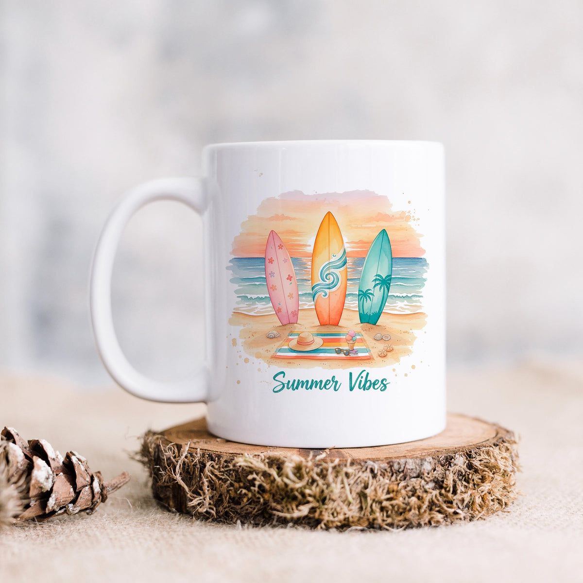 Summer Vibes Mug – Coastal Coffee Cup With Surfboard Art And Ocean Sunset Design