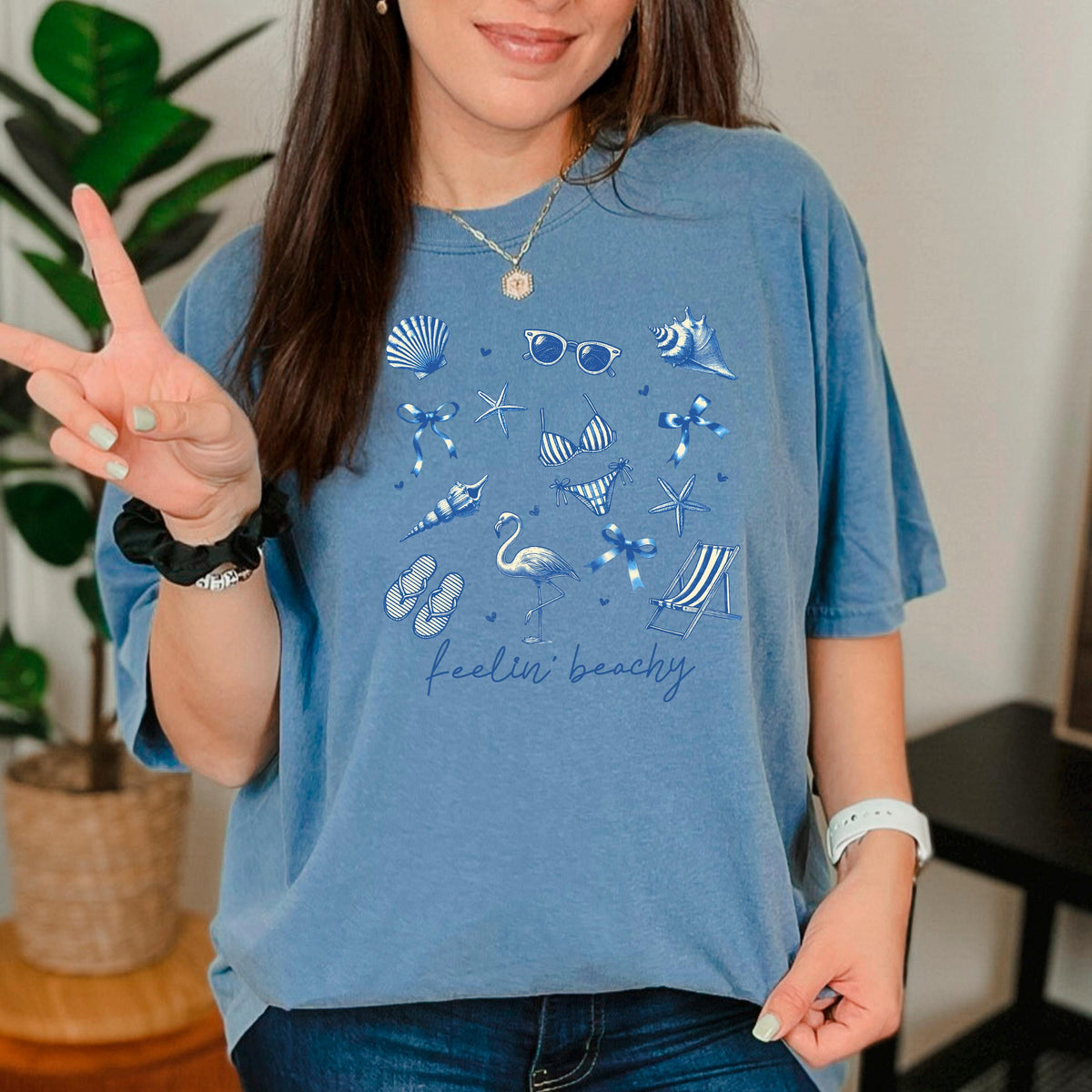 Beach Graphic Tee – Blue Beach Icons, Relaxed Unisex Fit Summer Shirt