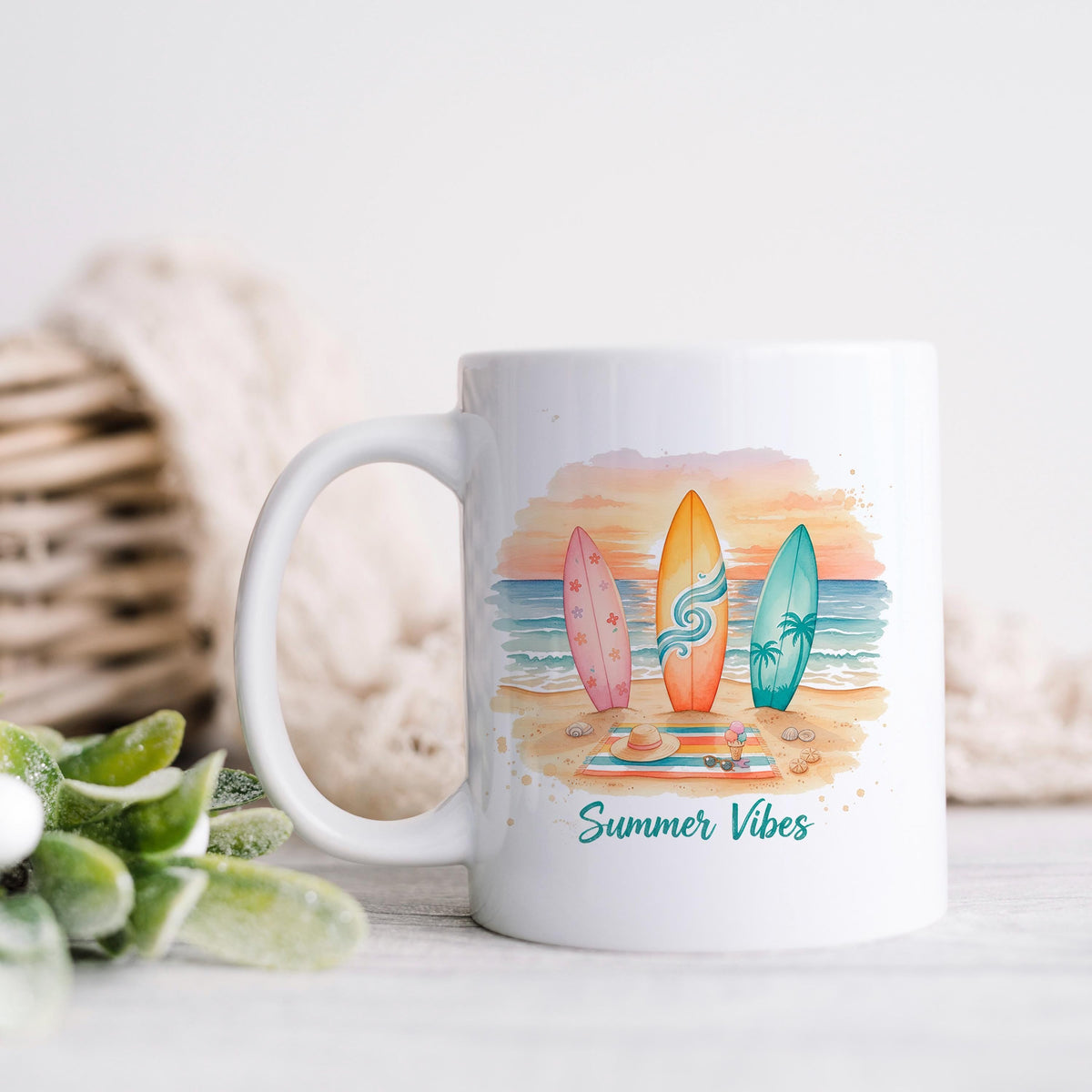 Summer Vibes Mug – Coastal Coffee Cup With Surfboard Art And Ocean Sunset Design
