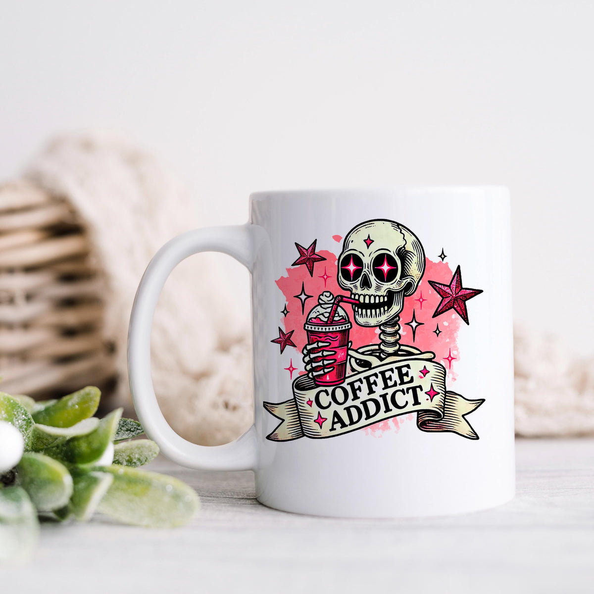 Coffee Addict Mug – Pink Skull Coffee Cup | Funny Caffeine Lover Gift, Ceramic, Dishwasher Safe
