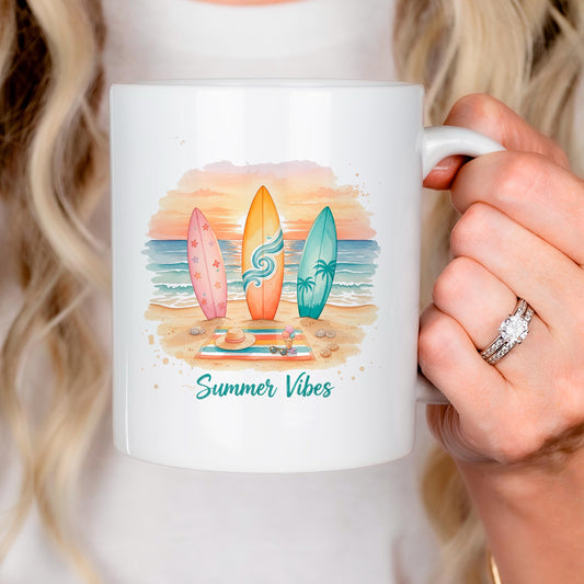 Summer Vibes Mug – Coastal Coffee Cup With Surfboard Art And Ocean Sunset Design