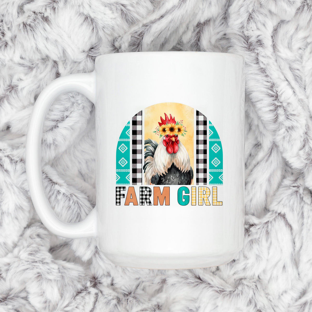 Farm Girl Mug – Rustic Farmhouse Coffee Cup with Sunflower Chicken Art