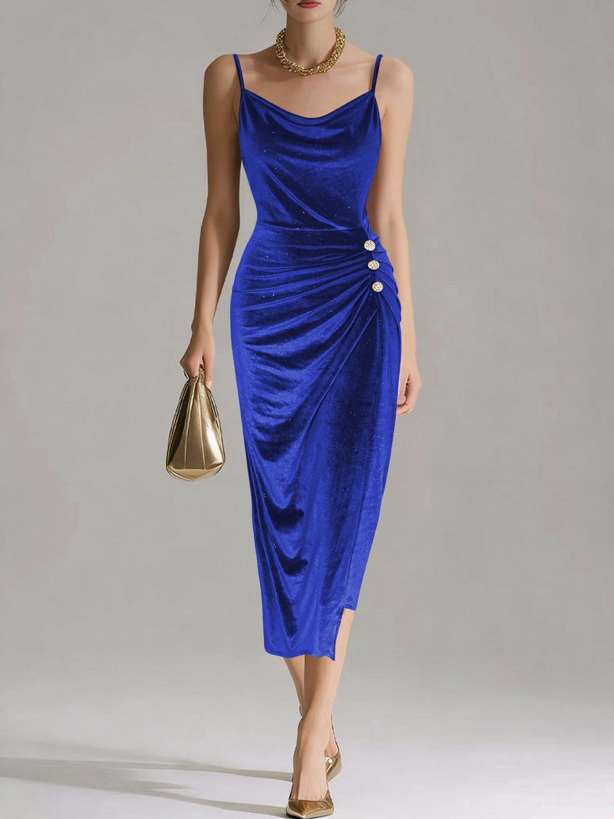 Shiny Velvet Bodycon Dress With A Swing Collar, Waist-cinching, Side Slit, And Spaghetti Straps