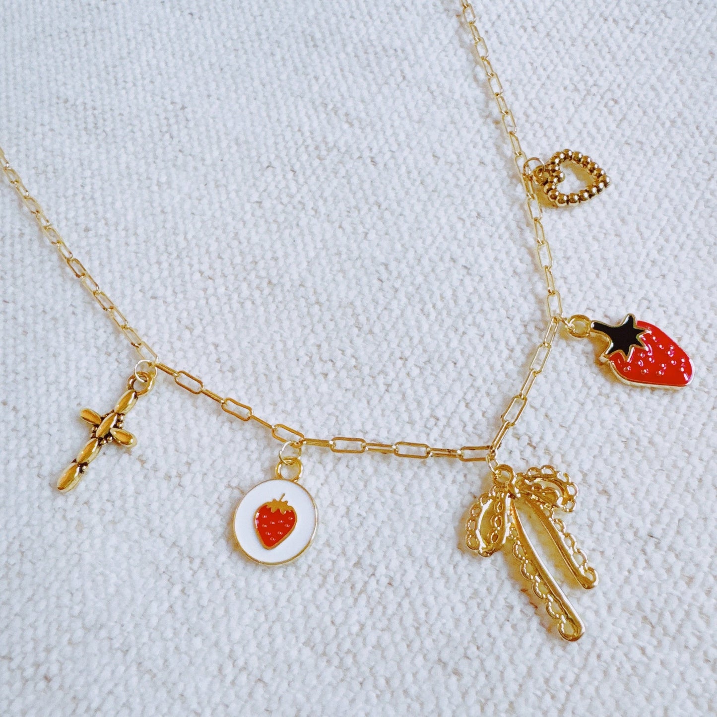 Berry Cute Charm Necklace – Strawberry, Bow & Heart