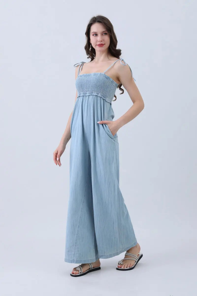Light Blue Denim Jumpsuit – Smocked Top & Wide Legs