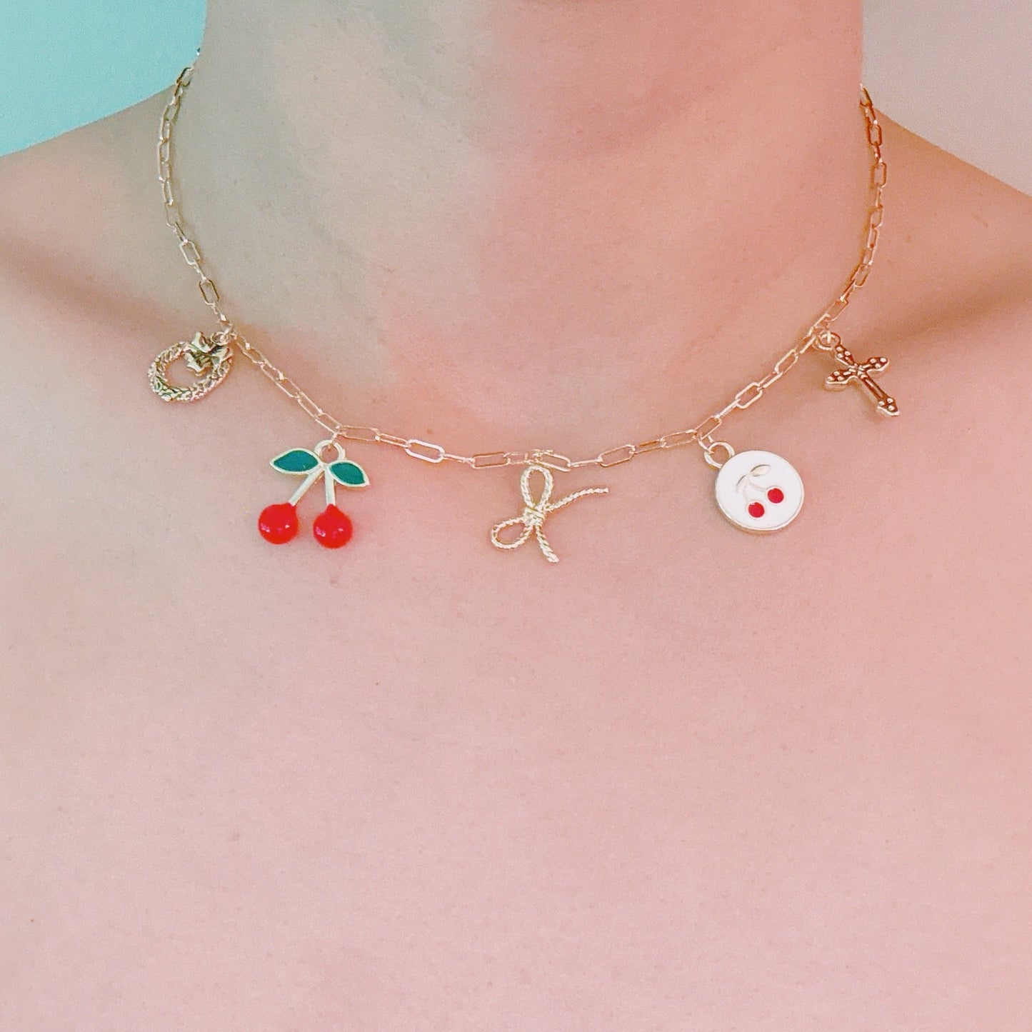 Cherry Chic Charm Necklace – Bow, Cross & More