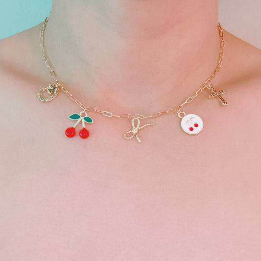 Cherry Chic Charm Necklace – Bow, Cross & More