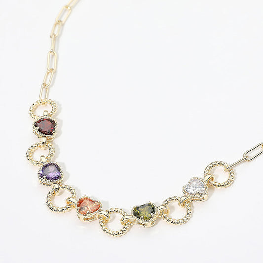 14K Gold Plated CZ Heart Link Paperclip Chain Necklace
