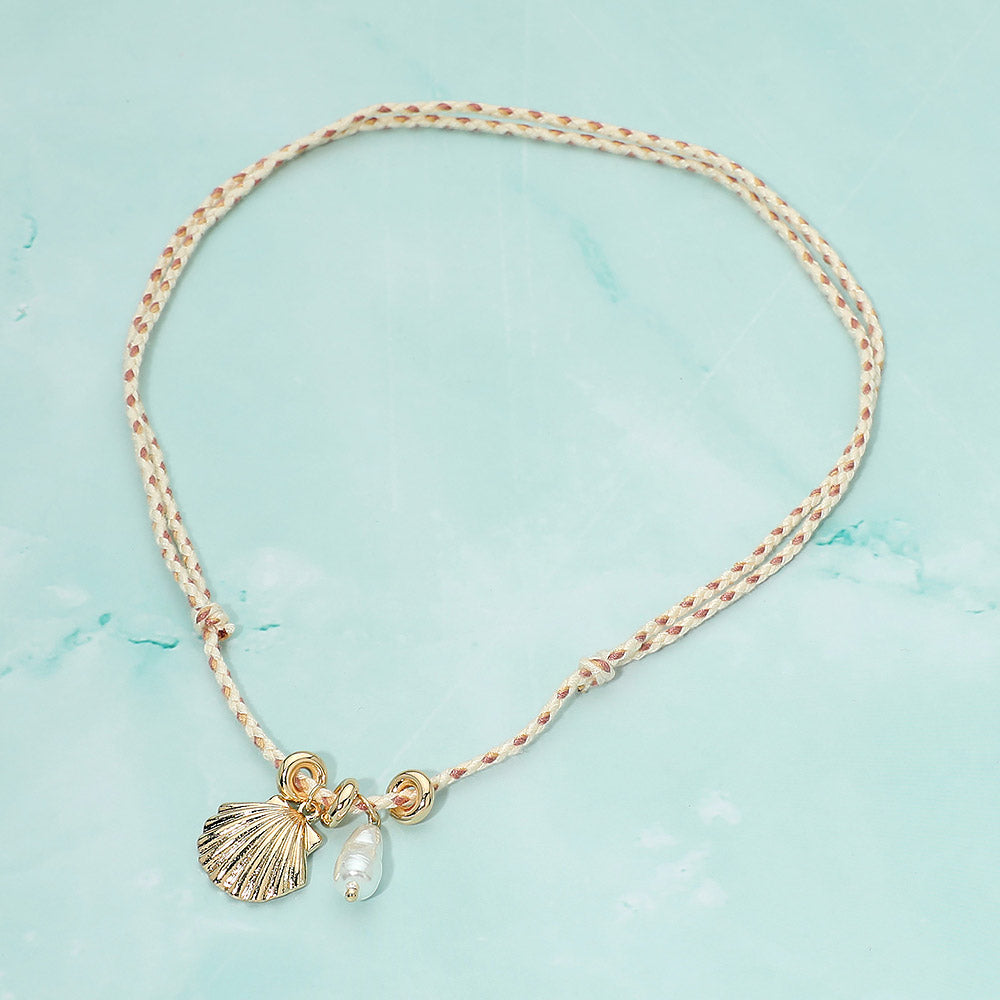Boho Shell Pearl Charm Pendant Adjustable Cord Necklace