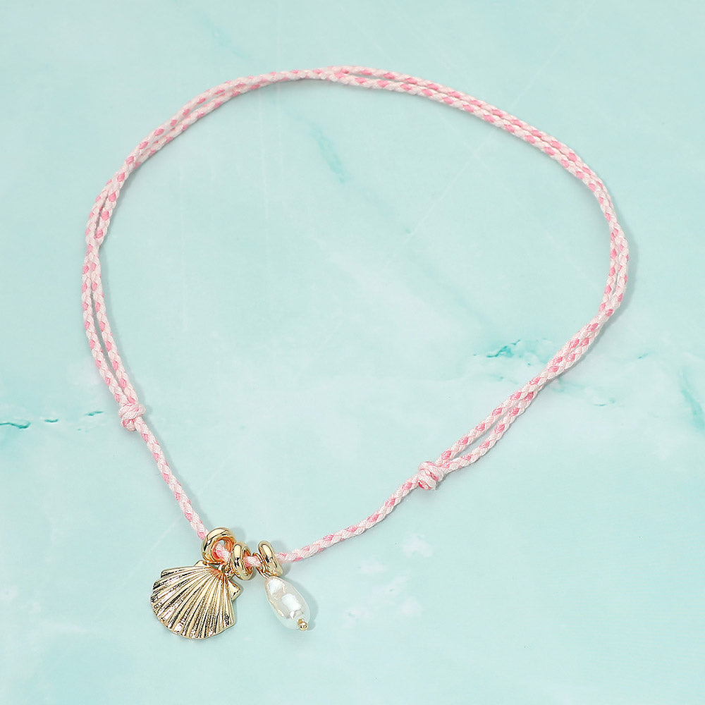 Boho Shell Pearl Charm Pendant Adjustable Cord Necklace