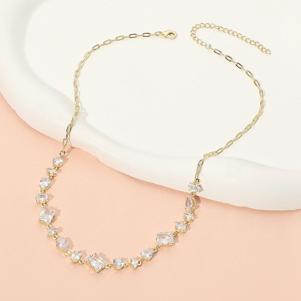 Stainless Steel Mixed Cut Gem Link Necklace