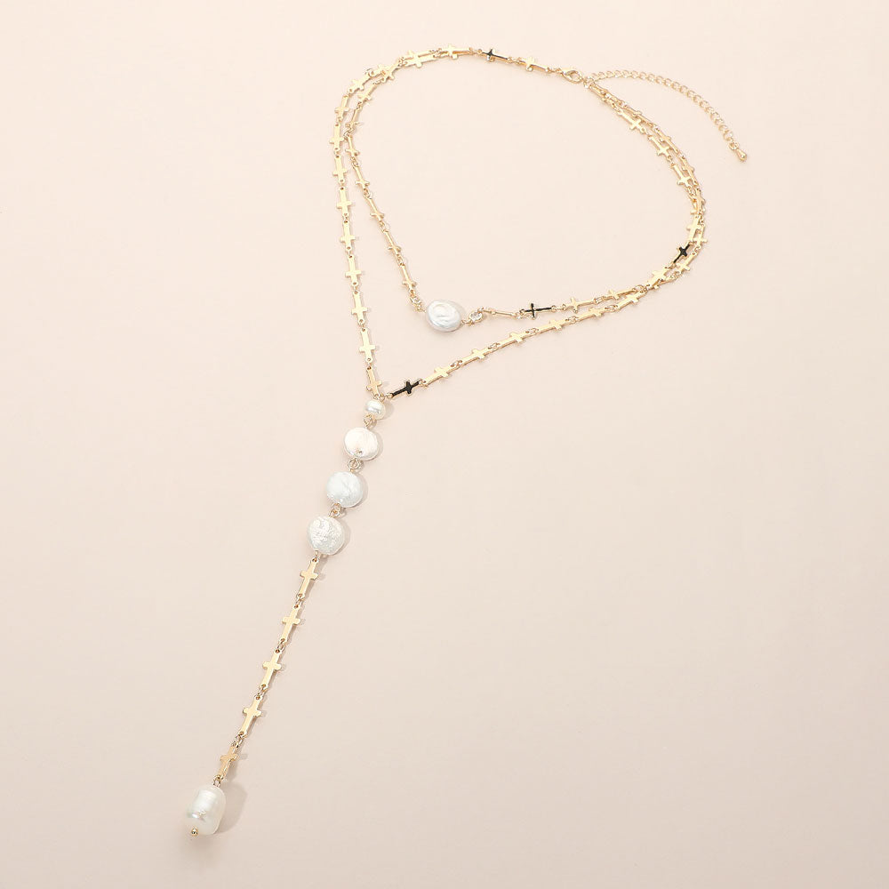 Round Pearl Link Charm Drop Cross Link Chain Y Necklace
