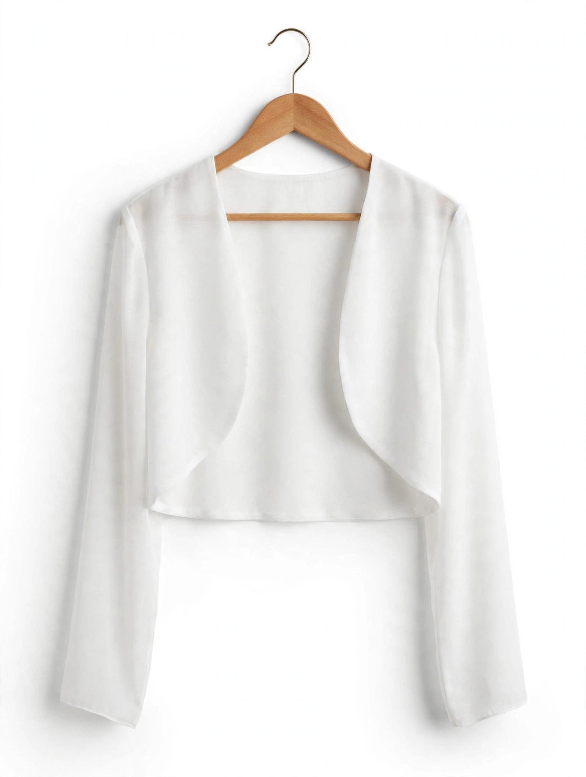 White cropped open-front bolero shrug, lightweight chiffon-like stretch fabric, long sleeves, curved draped front