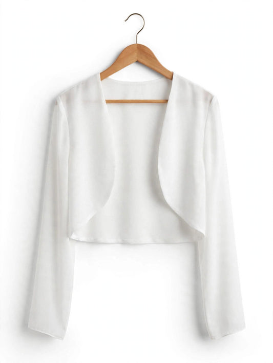White cropped open-front bolero shrug, lightweight chiffon-like stretch fabric, long sleeves, curved draped front