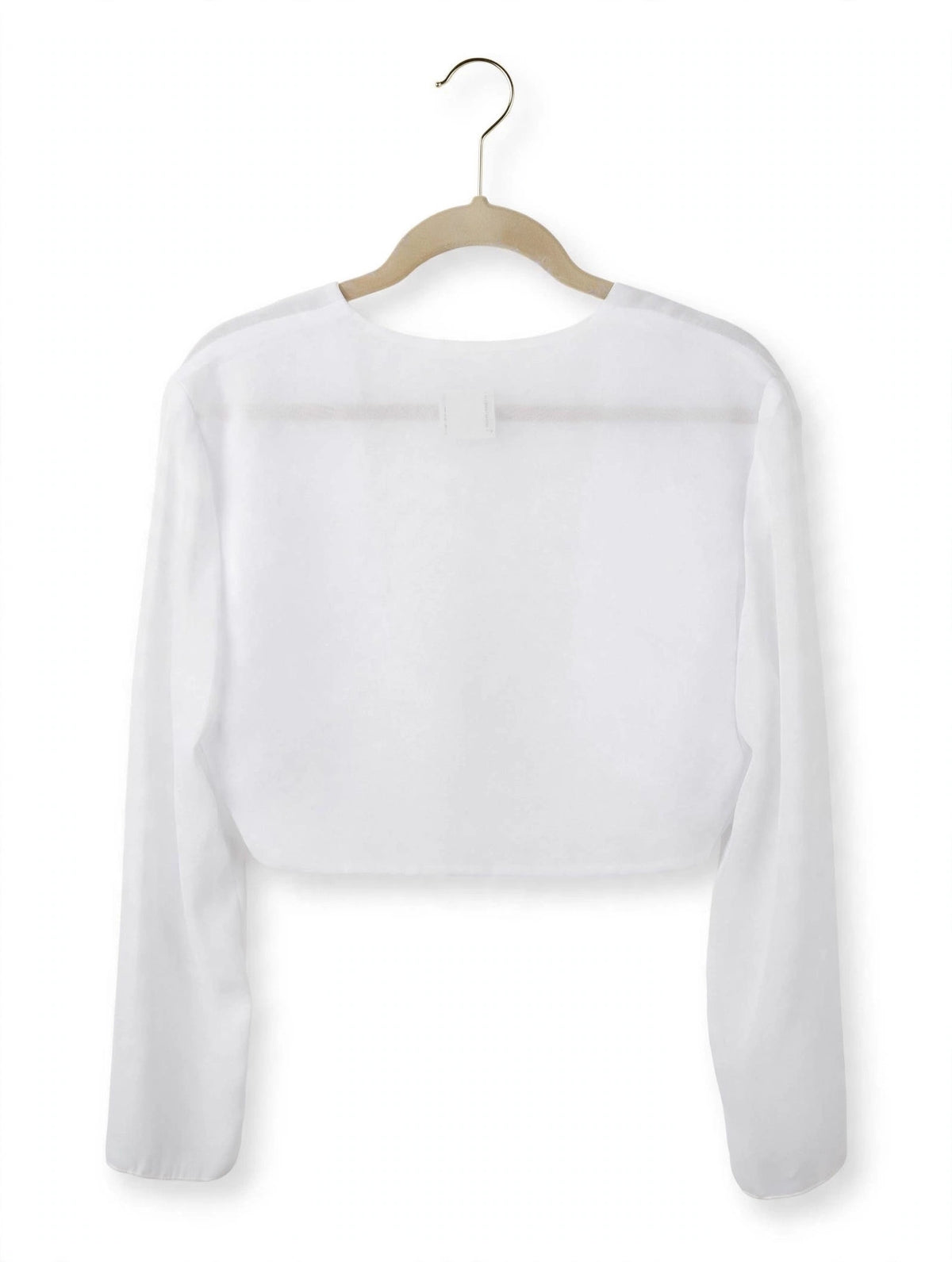 White cropped open-front bolero shrug, lightweight chiffon-like stretch fabric, long sleeves, curved draped front
