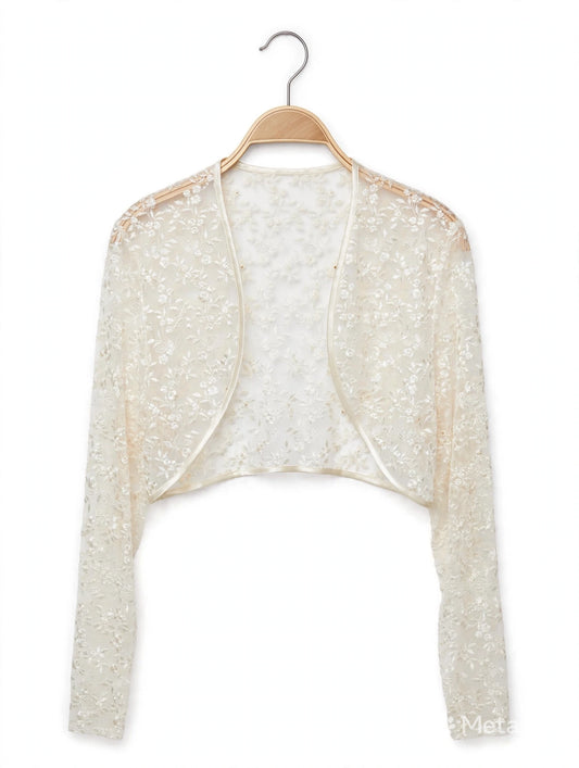 Ivory Floral Embroidered Lace Cropped Bolero Shrug -