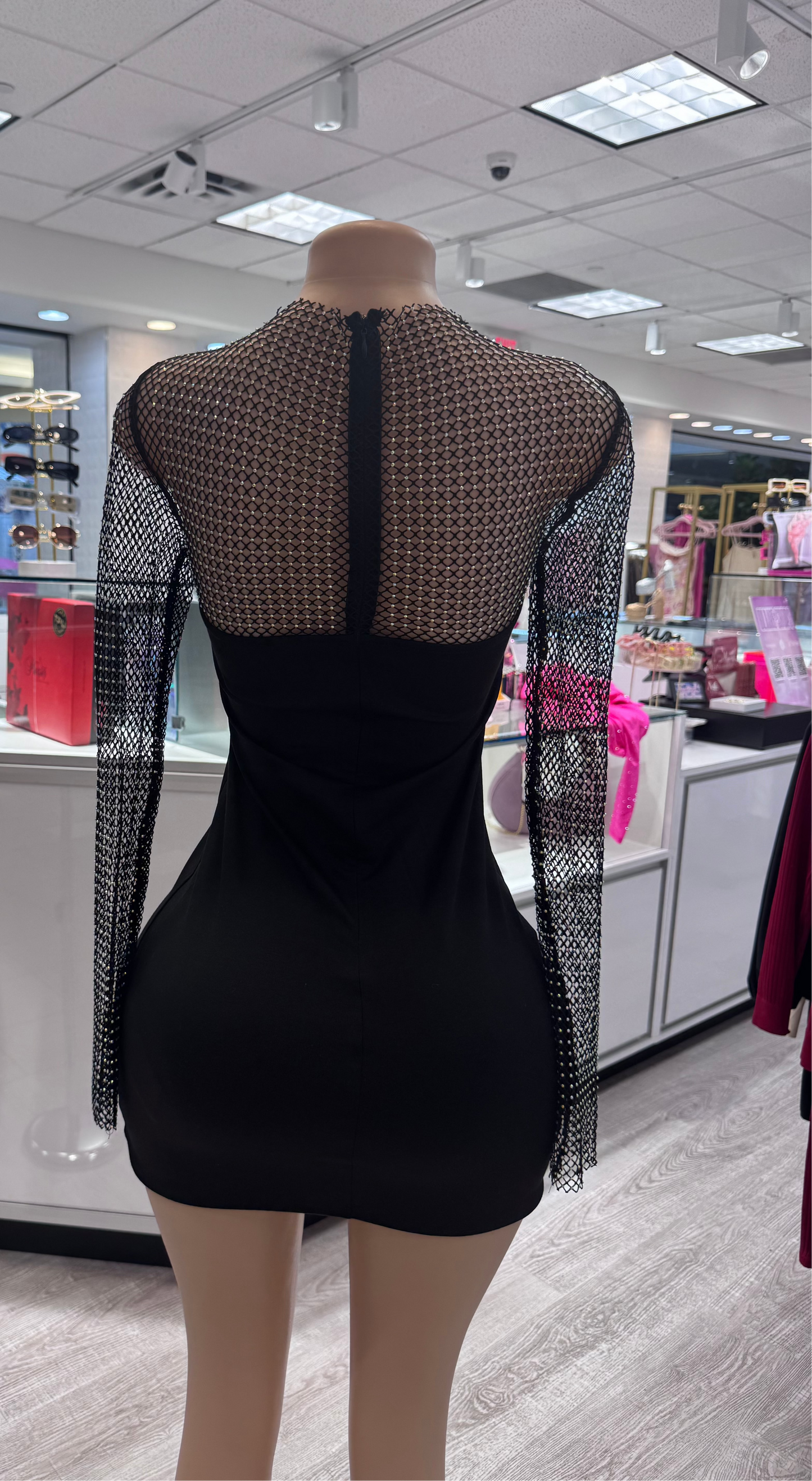 Laura Mesh Diamond Sleeve Mini Long Sleeve Dress