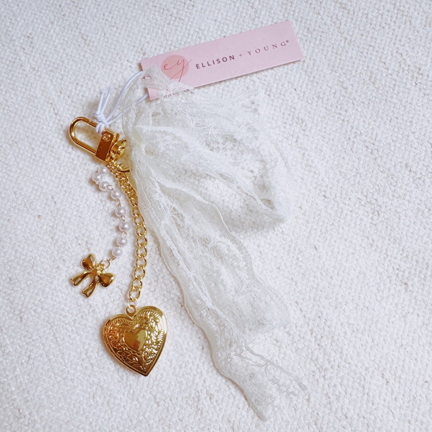 Lace & Love Heart Bag Charm  – White Bow with Gold Heart | Romantic Chic