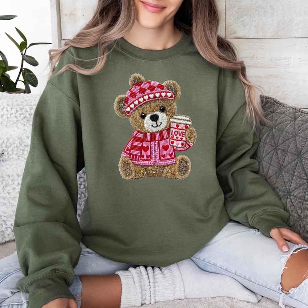 Love Coffee Teddy Valentine Sweatshirt – Furry Look 3D Print Sweater