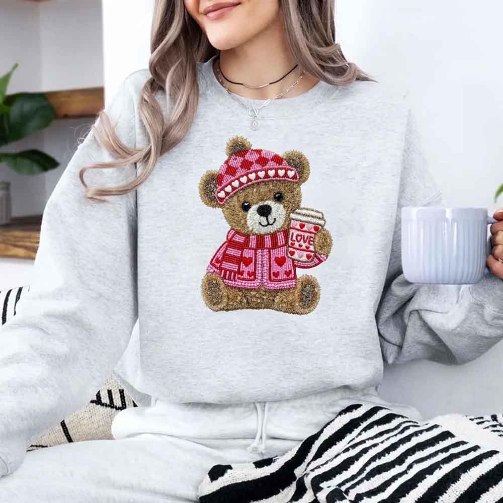 Love Coffee Teddy Valentine Sweatshirt – Furry Look 3D Print Sweater