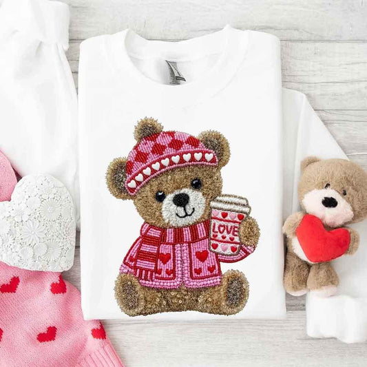 Love Coffee Teddy Valentine Sweatshirt – Furry Look 3D Print Sweater